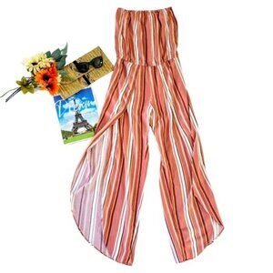 Supply & Demand Women's Strapless Jumpsuit Size Medium Coral Stripes Long Slits